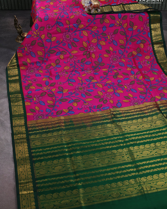 Silk cotton saree pink and green with allover kalamakri prints and zari woven korvai border