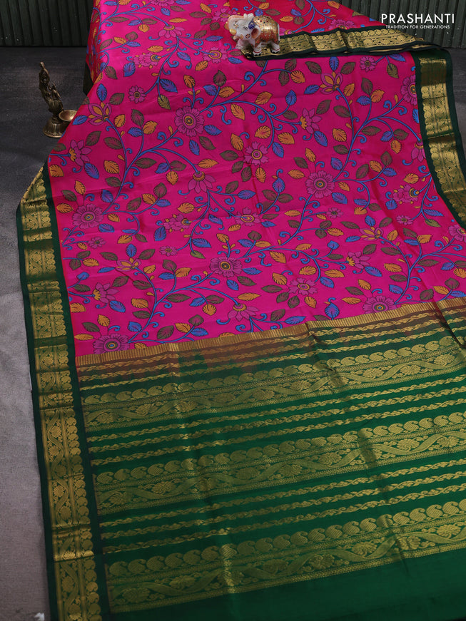 Silk cotton saree pink and green with allover kalamakri prints and zari woven korvai border