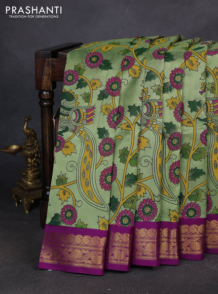 Silk cotton saree pista green and purple with allover kalamakri prints and zari woven korvai border