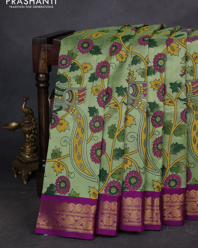 Silk cotton saree pista green and purple with allover kalamakri prints and zari woven korvai border
