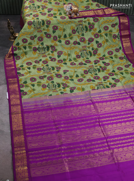 Silk cotton saree pista green and purple with allover kalamakri prints and zari woven korvai border