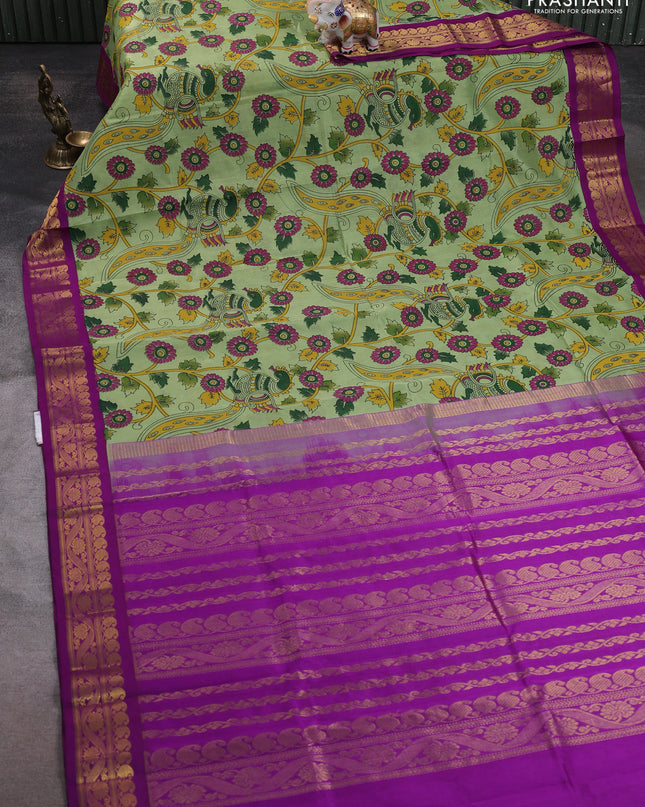 Silk cotton saree pista green and purple with allover kalamakri prints and zari woven korvai border