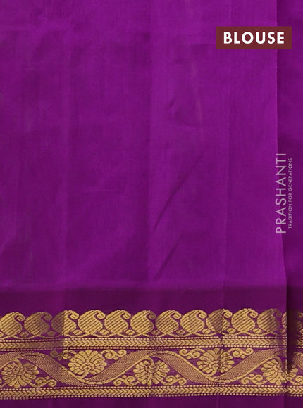 Silk cotton saree pista green and purple with allover kalamakri prints and zari woven korvai border