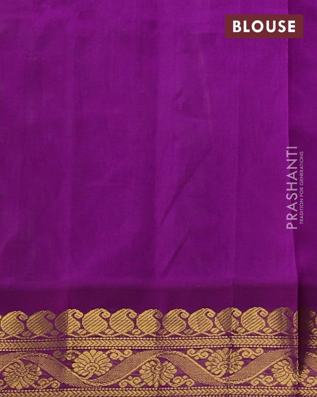 Silk cotton saree pista green and purple with allover kalamakri prints and zari woven korvai border