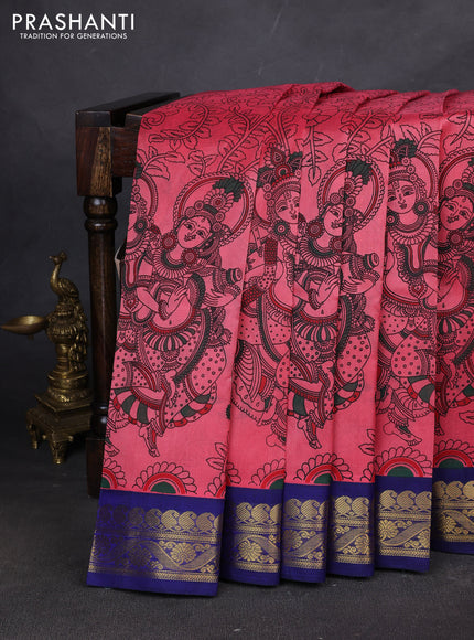 Silk cotton saree peach pink and blue with allover kalamakri prints and zari woven korvai border