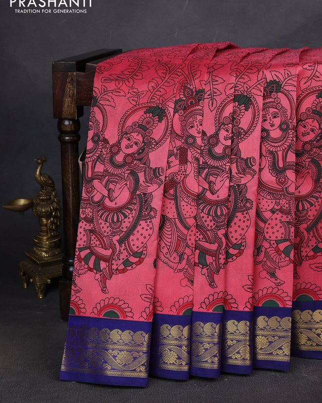 Silk cotton saree peach pink and blue with allover kalamakri prints and zari woven korvai border