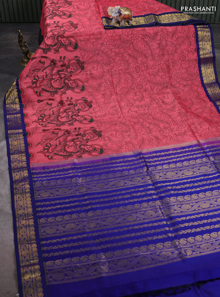 Silk cotton saree peach pink and blue with allover kalamakri prints and zari woven korvai border