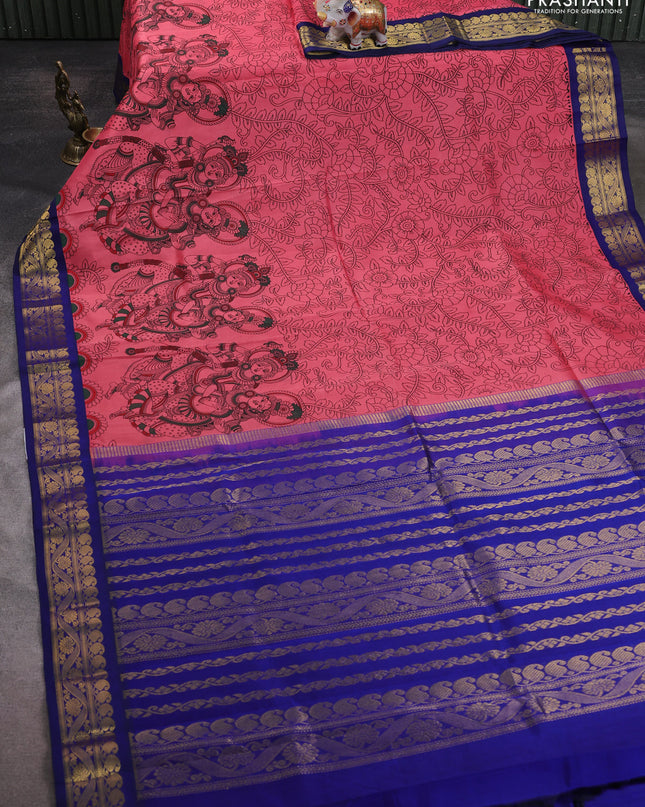 Silk cotton saree peach pink and blue with allover kalamakri prints and zari woven korvai border