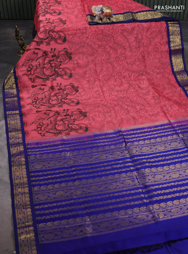Silk cotton saree peach pink and blue with allover kalamakri prints and zari woven korvai border