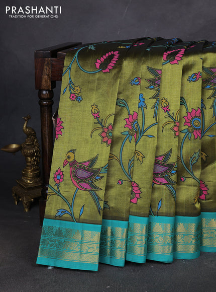 Silk cotton saree mehendi green and teal blue with allover kalamakri prints and zari woven korvai border