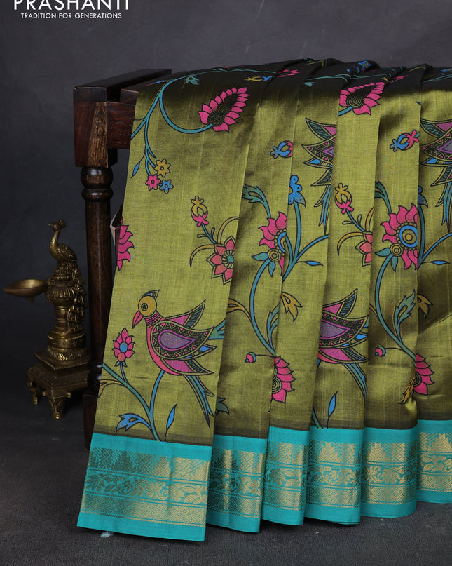 Silk cotton saree mehendi green and teal blue with allover kalamakri prints and zari woven korvai border