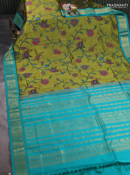 Silk cotton saree mehendi green and teal blue with allover kalamakri prints and zari woven korvai border