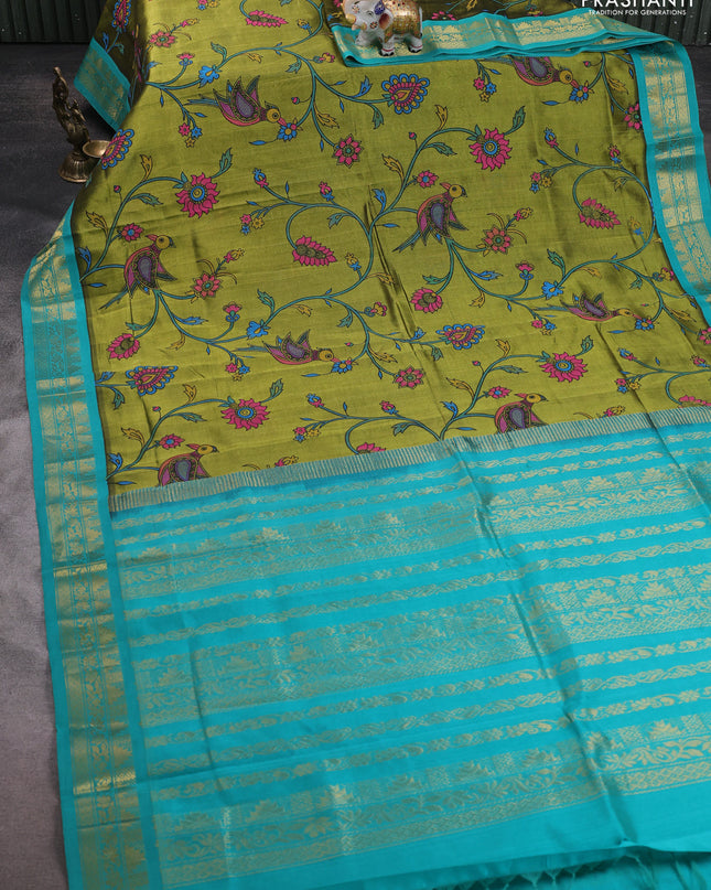 Silk cotton saree mehendi green and teal blue with allover kalamakri prints and zari woven korvai border