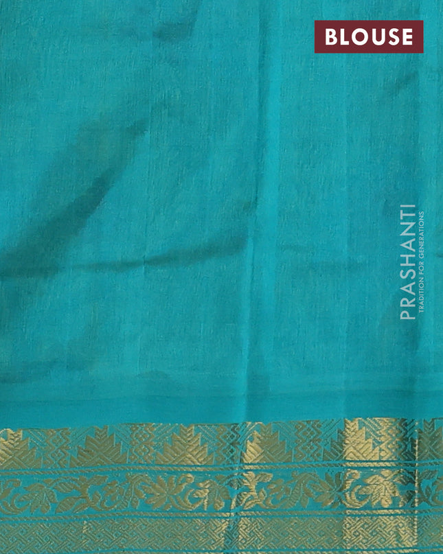 Silk cotton saree mehendi green and teal blue with allover kalamakri prints and zari woven korvai border