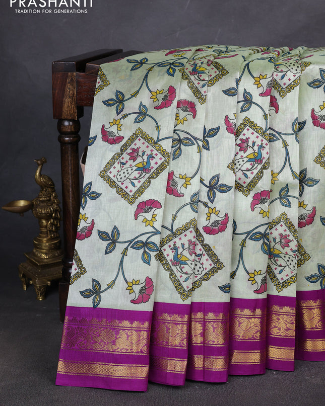 Silk cotton saree pista green and purple with allover kalamakri prints and zari woven korvai border