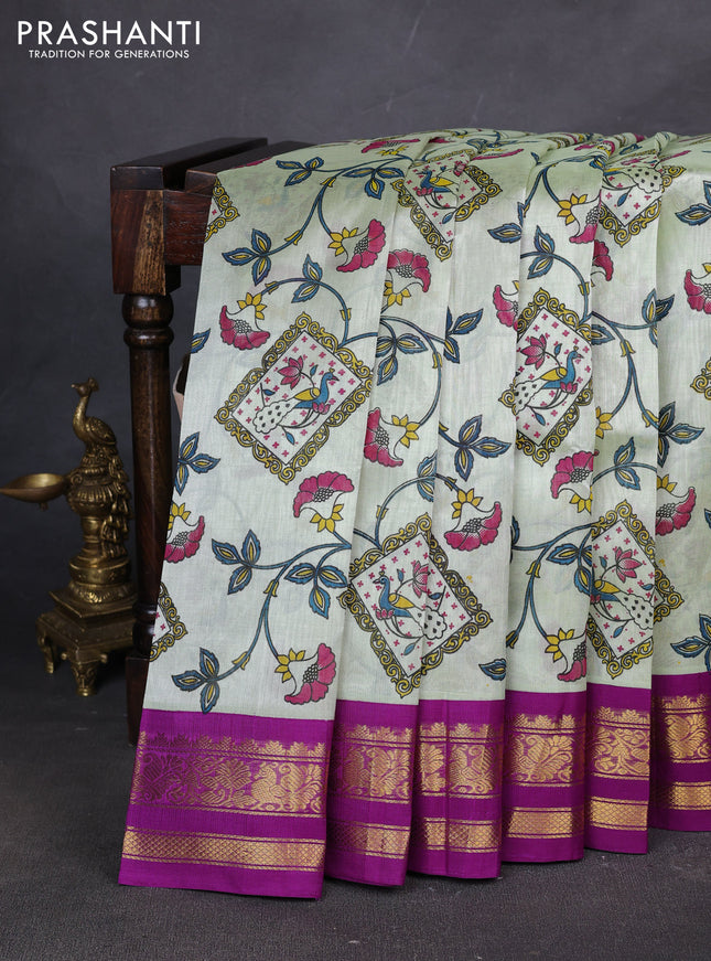Silk cotton saree pista green and purple with allover kalamakri prints and zari woven korvai border