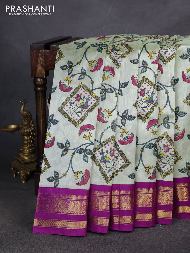 Silk cotton saree pista green and purple with allover kalamakri prints and zari woven korvai border