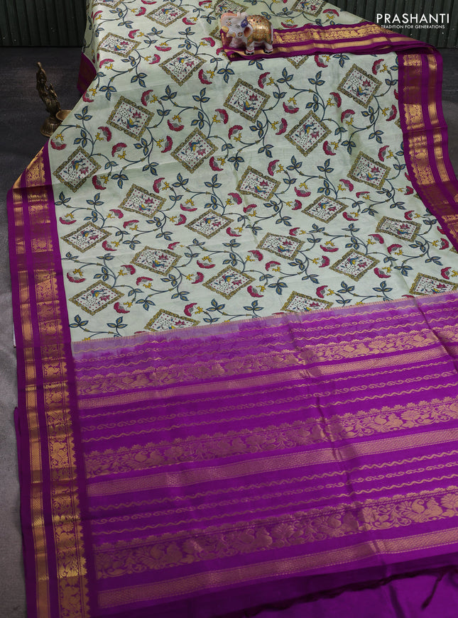 Silk cotton saree pista green and purple with allover kalamakri prints and zari woven korvai border
