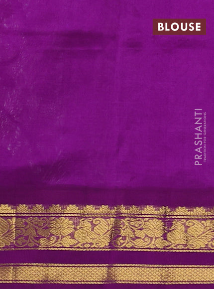 Silk cotton saree pista green and purple with allover kalamakri prints and zari woven korvai border