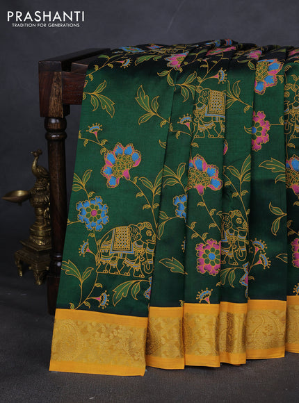 Silk cotton saree dark green and mustard yellow with allover kalamakri prints and zari woven korvai border
