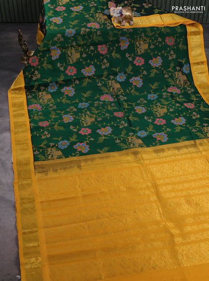 Silk cotton saree dark green and mustard yellow with allover kalamakri prints and zari woven korvai border