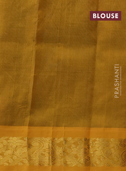 Silk cotton saree dark green and mustard yellow with allover kalamakri prints and zari woven korvai border