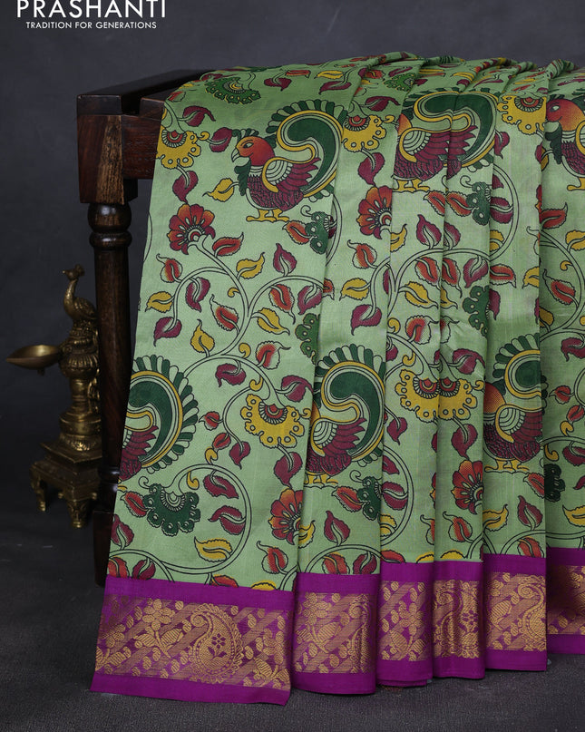 Silk cotton saree pista green and purple with allover kalamakri prints and zari woven korvai border