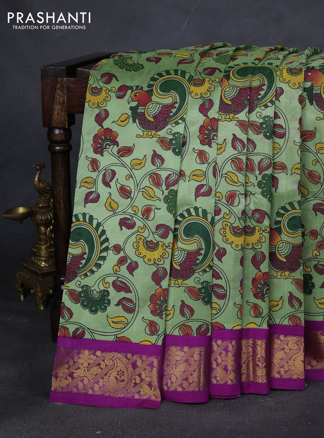 Silk cotton saree pista green and purple with allover kalamakri prints and zari woven korvai border