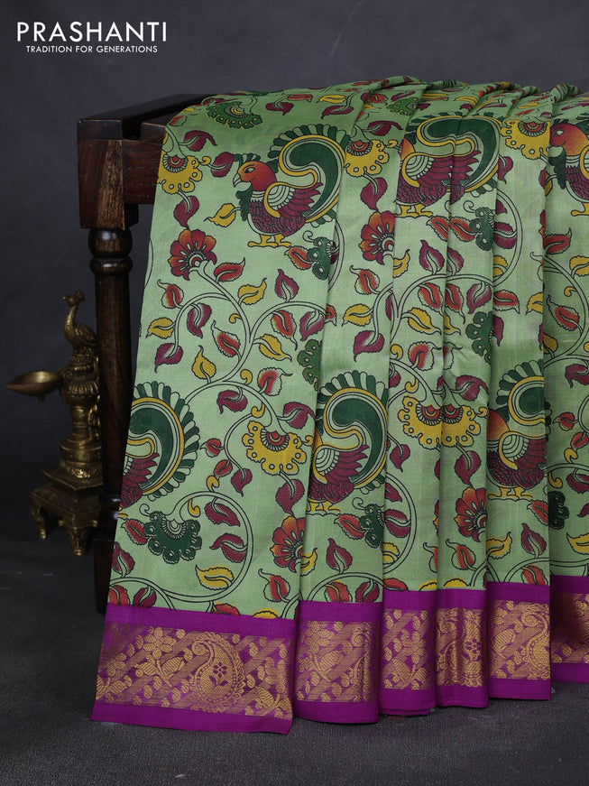 Silk cotton saree pista green and purple with allover kalamakri prints and zari woven korvai border