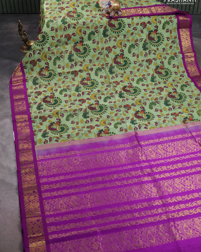 Silk cotton saree pista green and purple with allover kalamakri prints and zari woven korvai border