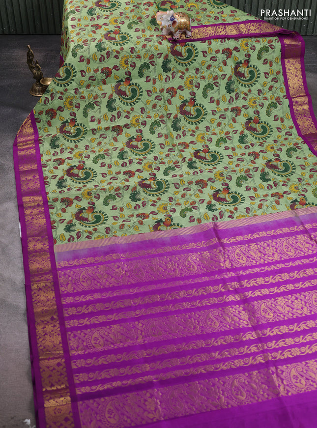 Silk cotton saree pista green and purple with allover kalamakri prints and zari woven korvai border
