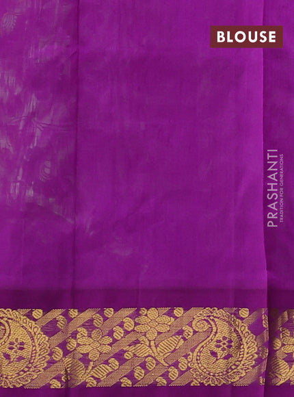 Silk cotton saree pista green and purple with allover kalamakri prints and zari woven korvai border