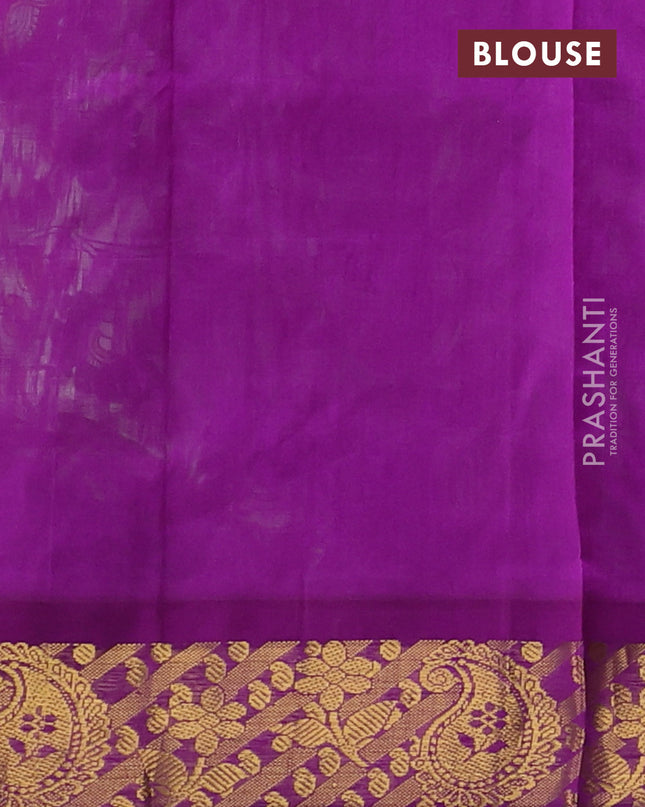 Silk cotton saree pista green and purple with allover kalamakri prints and zari woven korvai border