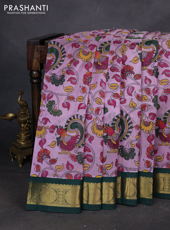 Silk cotton saree lavender and dark green with allover kalamakri prints and zari woven korvai border