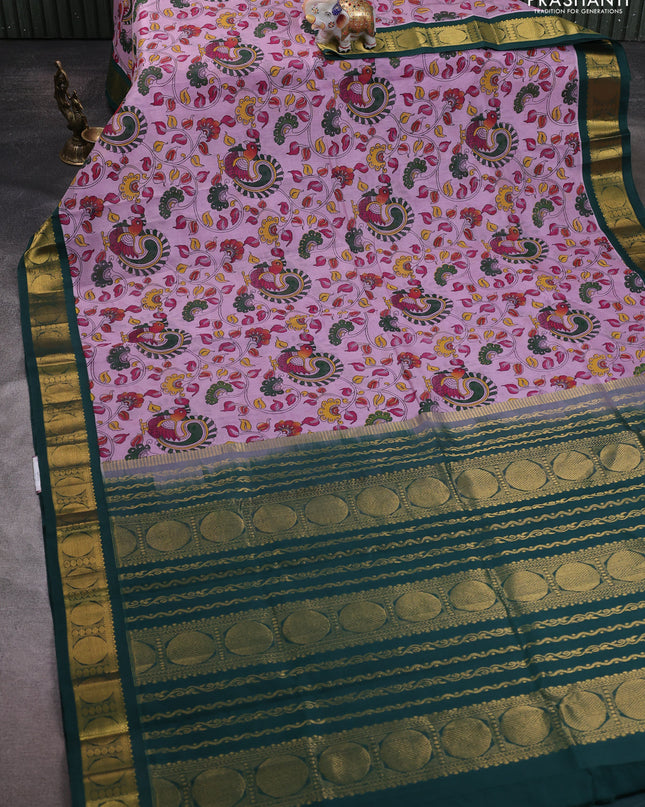 Silk cotton saree lavender and dark green with allover kalamakri prints and zari woven korvai border