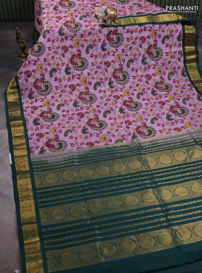 Silk cotton saree lavender and dark green with allover kalamakri prints and zari woven korvai border