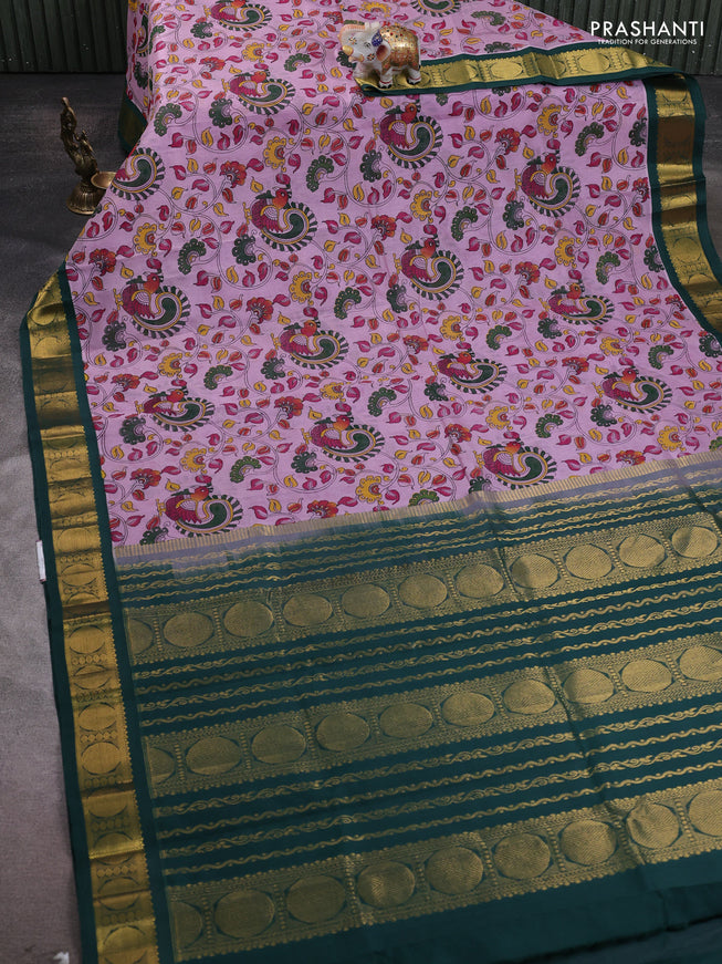 Silk cotton saree lavender and dark green with allover kalamakri prints and zari woven korvai border