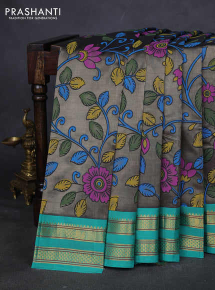 Silk cotton saree grey and teal green with allover kalamakri prints and zari woven korvai border
