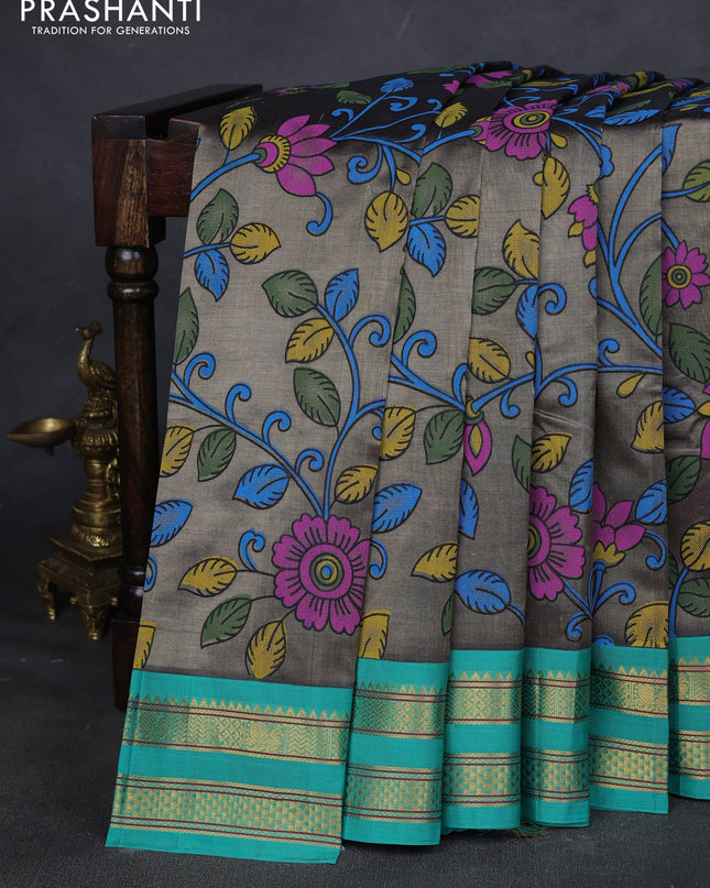 Silk cotton saree grey and teal green with allover kalamakri prints and zari woven korvai border