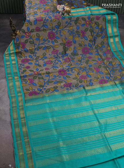 Silk cotton saree grey and teal green with allover kalamakri prints and zari woven korvai border