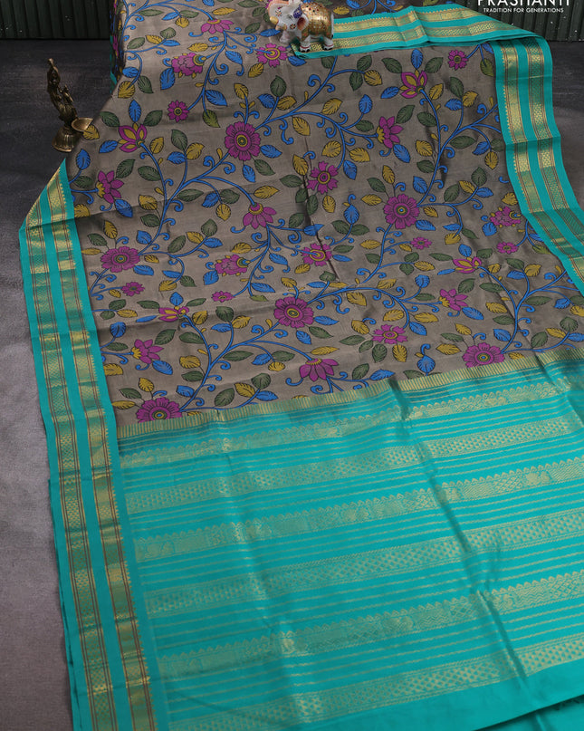 Silk cotton saree grey and teal green with allover kalamakri prints and zari woven korvai border