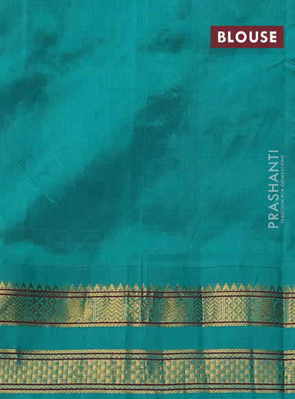 Silk cotton saree grey and teal green with allover kalamakri prints and zari woven korvai border