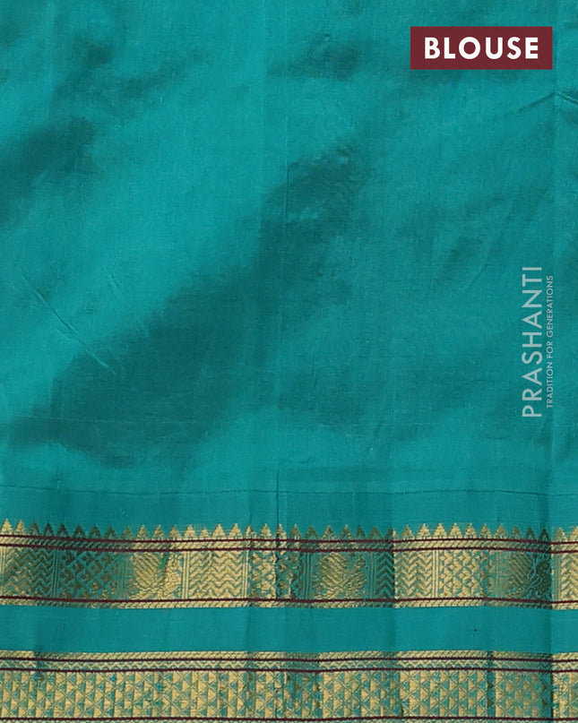 Silk cotton saree grey and teal green with allover kalamakri prints and zari woven korvai border