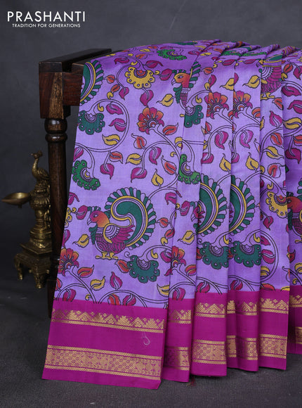 Silk cotton saree lavender and purple with allover kalamakri prints and zari woven korvai border