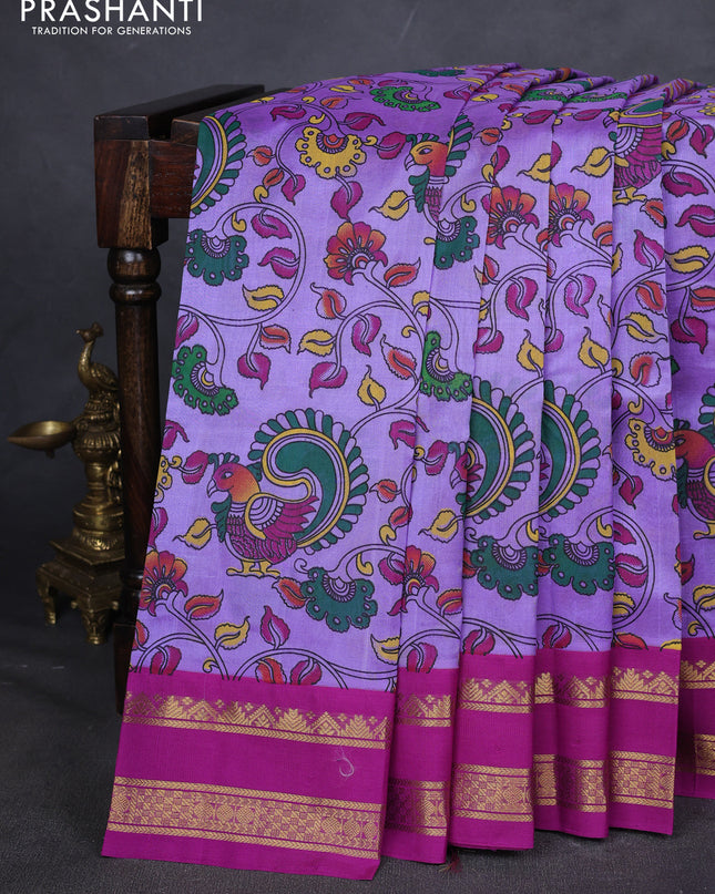 Silk cotton saree lavender and purple with allover kalamakri prints and zari woven korvai border