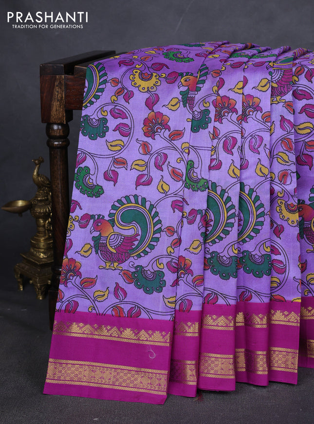 Silk cotton saree lavender and purple with allover kalamakri prints and zari woven korvai border