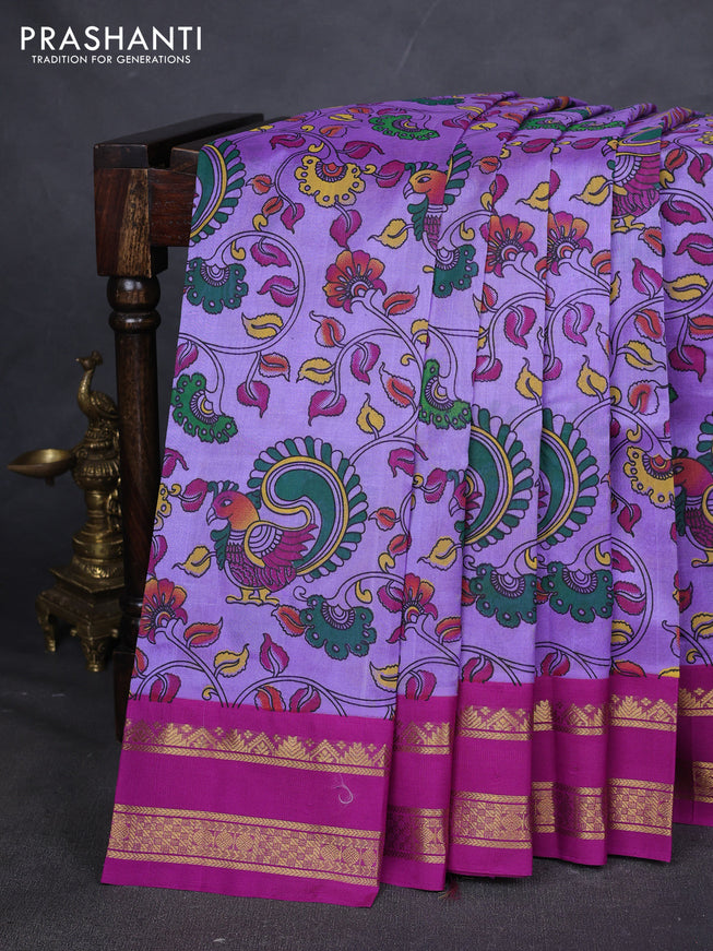 Silk cotton saree lavender and purple with allover kalamakri prints and zari woven korvai border