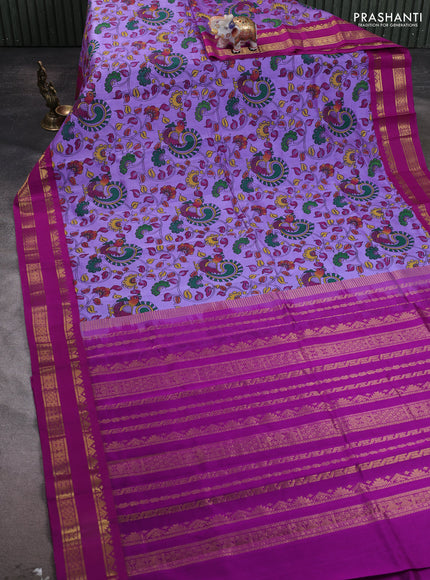 Silk cotton saree lavender and purple with allover kalamakri prints and zari woven korvai border