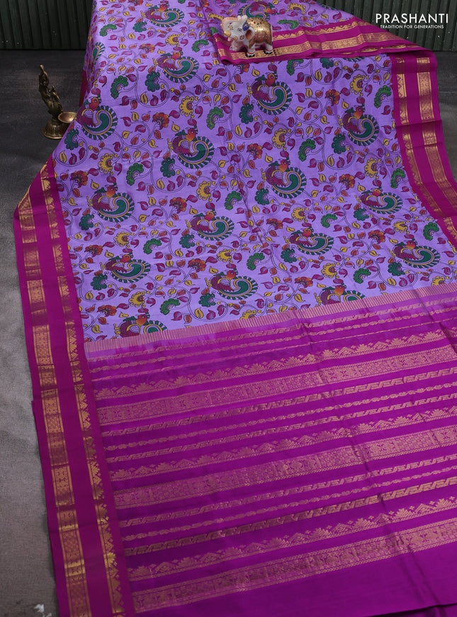 Silk cotton saree lavender and purple with allover kalamakri prints and zari woven korvai border