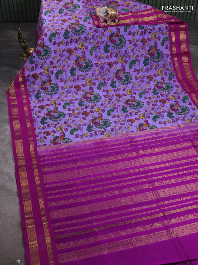 Silk cotton saree lavender and purple with allover kalamakri prints and zari woven korvai border